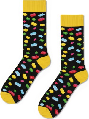 Carnaval Socks Renkli Oyuncak Blokları Desenli Siyah Sarı Unisex Soket Çorap