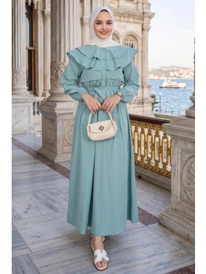 Volan Yaka Düğmeli Beli Lastikli Kuşaklı Elbise HNT03151 Mint Yeşili