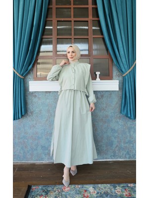 Bolerolu Beli Lastikli Tesettür Elbise Mint   HNT011