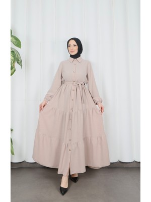 Boydan Düğmeli Kuşaklı Katlı Elbise Krem  HNT8593