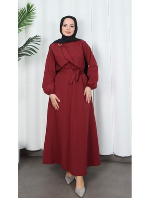 Toka Detaylı Kuşaklı Terikoton Elbise Bordo   HNT0332
