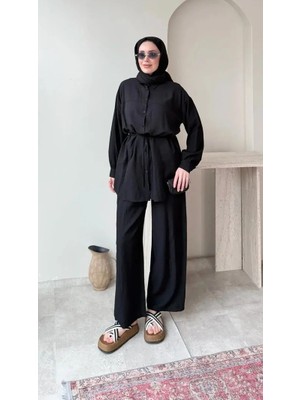 Miraydin Butik Kadın Belden Bağlamalı Tunik Pantolon Takım M6034 - Siyah