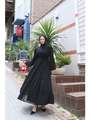 Kuşaklı Kat Kat Şifon  Elbise  Siyah  HNT8595
