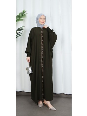 Yarasa Kol  Leopar Taşlı Elbise Haki   HNT8526