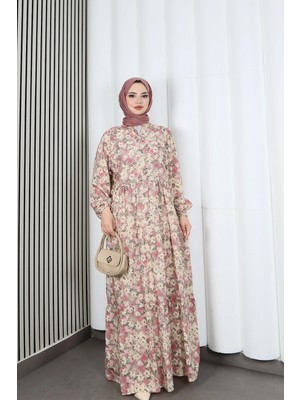  Yarım Pat  Düğmeli Papatya  Desenli Modal Kumaş Elbise Pudra   HNT2129