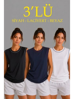 Marsilyan- 3’lü Kolsuz Sporcu Atlet Seti Yazlık Bisiklet Yaka - Siyah, Lacivert, Beyaz