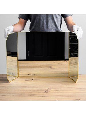 El Crea Designs Büyük Boy 3 Kanatlı Katlanabilir Kapaklı Masaüstü Makyaj Aynası Pirinç Gold ve Gümüş Renk El Yapımı Şifonyer Aynası 100 x 45 cm