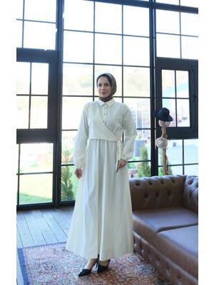 Yandan Bağlamalı  Tesettür Elbise Beyaz  HNT010