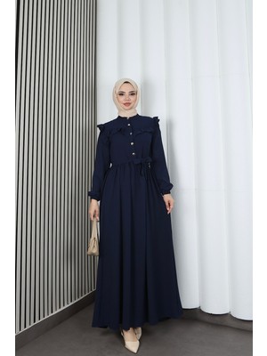 Omzu ve Önü Fırfırlı Kuşaklı Ayrobin Tesettür Elbise Lacivert  HNT7345