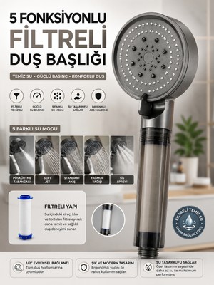 Deyhome 5 Fonksiyonlu Filtreli Duş Başlığı Mat Antrasit Gri – 1 Adet  Filtre Dahil