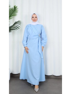 Yandan Tokalı Terikoton Elbise Bebe Mavisi  HNT0329