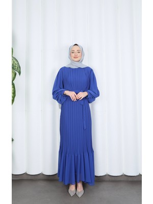 Boydan Piliseli Kuşaklı Şifon Elbise Indigo   HNT8575