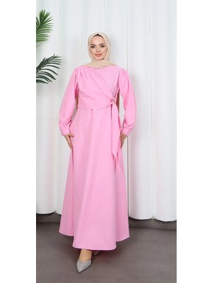 Yandan Tokalı Terikoton Elbise Pembe   HNT0329