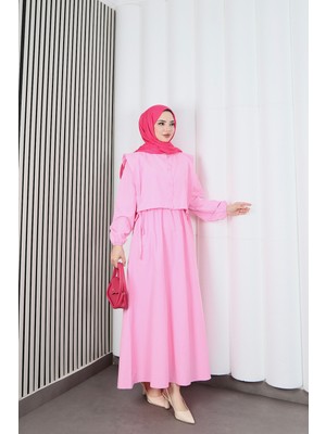 Bolerolu Beli Lastikli Tesettür Elbise Pembe   HNT011