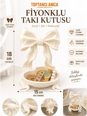 Toptancı Amca Fiyonklu Takı Kutusu Dekoratif Takılık Organizer Masaüstü Takı Standı 18 x 15 cm Beyaz  Pla Kalın Plastik Kırılmaz