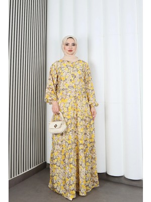  Yarım Pat  Düğmeli Papatya  Desenli Modal Kumaş Elbise Sarı  HNT2129