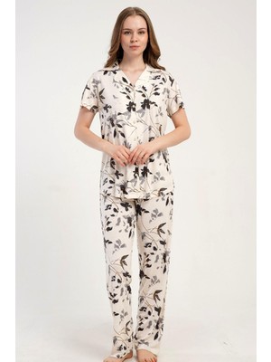 Kezokino Kadın Önden Düğmeli Kısa Kol Ekru Pijama Takımı C4T2N2215
