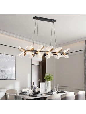 Apliqa Taran Sıralı Siyah Gold Çiçek Desenli 120 Watt Yemek Masası Üstü Modern Salon LED Avize