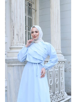 Fırfır Detaylı Kuşaklı Terikoton Elbise Bebe Mavisi    HNT0313