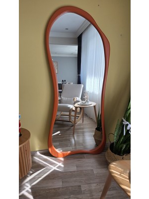 Uğurlu Ayna 180X80 cm Asimetrik Boy Aynası - Turuncu Ahşap Görünümlü Dekoratif Boy Aynası