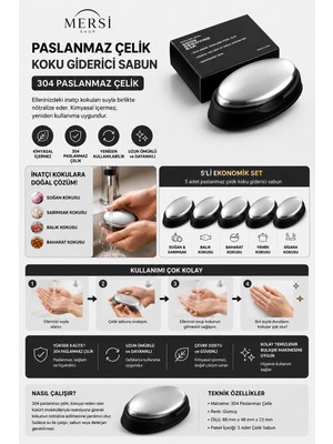Mersi Shop Paslanmaz Çelik Koku Giderici Sabun | 304 Çelik El Koku Giderici Soğan Sarımsak Balık Kokusu Temizleyici
