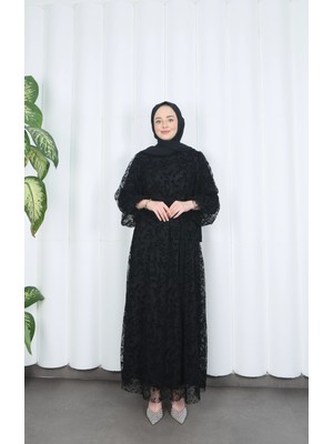 Flok Baskılı Astarlı Kuşaklı Tül Elbise Siyah HNT8565
