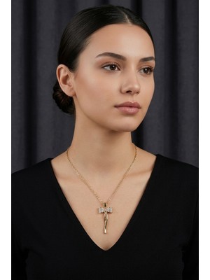 Mia Donna Jewelry Mia Donna Elegant Tasarım Taşlı Fiyonk Kolye - Gold