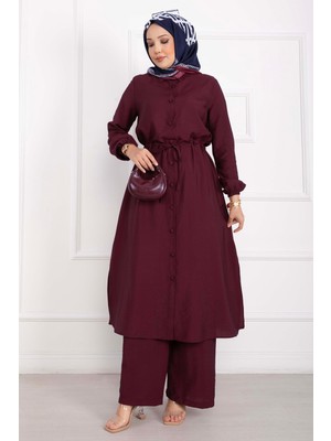 Asm Boydan Düğmeli Uzun Tunik Pantolon Takım Bordo