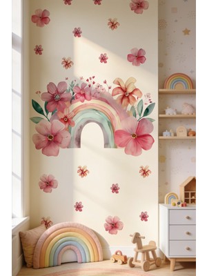 Msticker Suluboya Gökkuşağı Çiçekli Duvar Stickerı | 70 Parça Büyük Boy Çocuk Bebek Odası Duvar Süsü | Rainbow