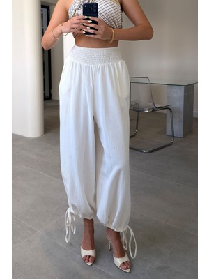 Magarde Beli Lastikli Keten Şalvar Pantolon- Ekru