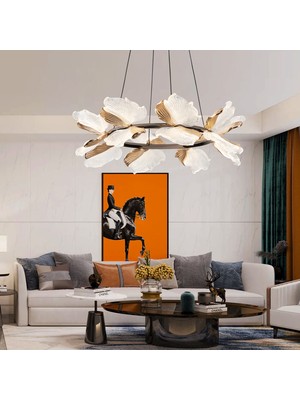 Apliqa Taran 60'lik Siyah Gold Çiçek Desenli 80 Watt Yuvarlak Modern Salon LED Avize