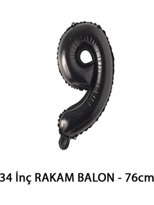 Lotus Party Siyah Renk 9 Rakam Folyo Balon - Siyah Rakam Balon 9 Yaş - 76 cm