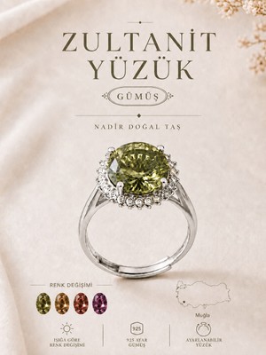 Yudi Atelier 925 Ayar Gümüş Zultanit Taşlı Yüzük | Ayarlanabilir Oval Kesim Sultan Taşı Yüzük | Renk Değiştiren Halo Tasarım |