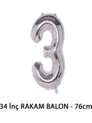 Lotus Party Gümüş Renk 3 Rakam Folyo Balon - Gümüş Rakam Balon 3 Yaş - 76 cm