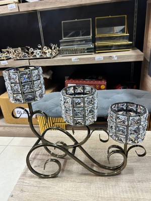 Volix Dizayn Lüks Kristal Taşlı 3’lü Şamdan Mumluk Eskitme Metal Gövdeli Dekoratif Masa Üstü Salon Yemek Masası Aksesuarı