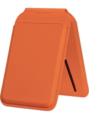 iPhone 11 12 13 14 15 16 17 Plus Pro Max Magsafe Katlanabilir Standlı Kartlık Manyetik Deri Telefon Kartlığı Turuncu