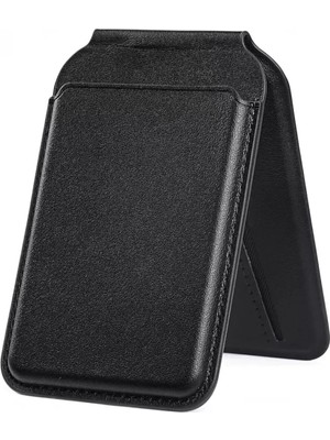 Magsafe Wallet Standlı Kartlık Manyetik Deri Kart Cüzdanı Siyah iPhone Uyumlu 11 12 13 14 15 16 17 Plus Pro Max