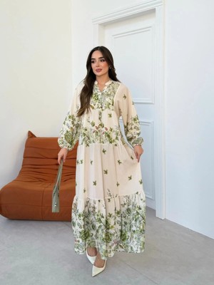Miraydin Butik Kadın Çiçek Desenli Kat Kat Tesettür Elbise - Yeşil