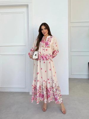 Miraydin Butik Kadın  Çiçek Desenli Kat Kat Tesettür Elbise - Pembe
