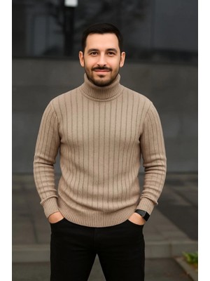Marsilyan- Erkek Balıkcı Yaka Bağazlı Triko Kazak Pamuklu Kalın Fitilli Dokuma, Regular Fit Uzun Kollu Kışlık Model - Bej