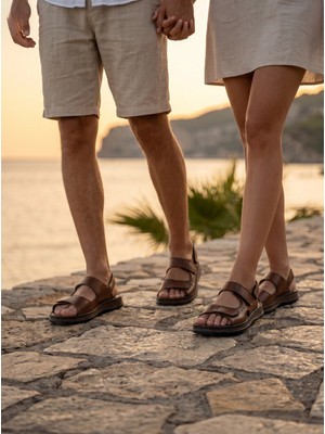 Fame Step Hakiki Deri Unisex Ortopedik Sandalet Yumuşak Taban Cırtlı Comfort Yazlık Günlük Terlik