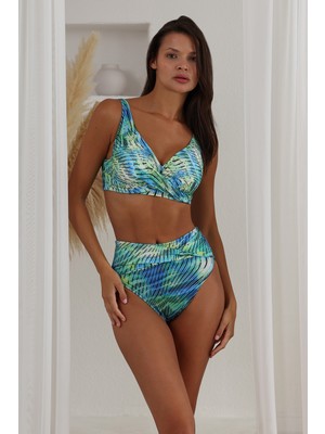 Lapieno Kadın Yeşil Desenli Taş Detaylı Çıkarılabilir Kaplı Yüksek Bel Toparlayıcı Bikini Takımı