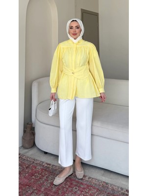 Miraydin Butik Kadın Korsaj Kemer Detaylı Tesettür Uzun Gömlek M2612 - Sarı