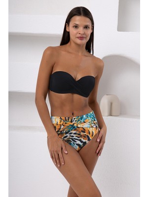 Lapieno Kadın Siyah Desenli Telli Kaplı Yüksek Bel Straplez Bikini Takımı