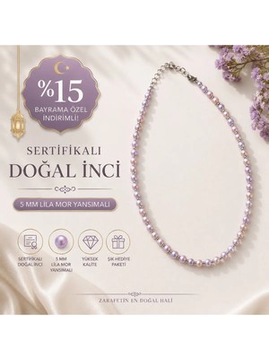 Sertifikalı 5 mm Lila Mor Yansımalı Doğal Inci Kolye – El Yapımı Tasarım Çelik Malzemeli