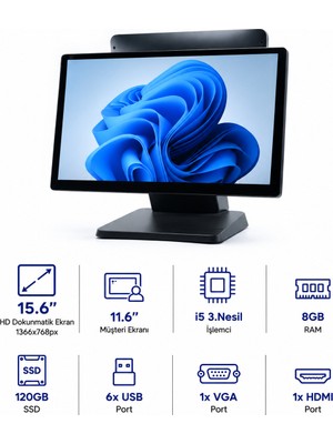 Grandstarr W156M 15.6''HD i5-3.Nesil/8gb RAM/120GB SSD Pos Pc + 11.6'' Müşteri Ekranı