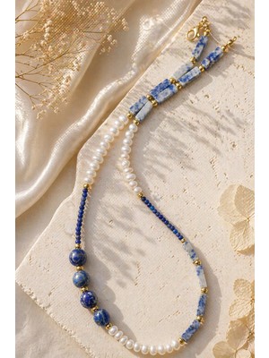 Lapis Lazuli ve Sodalit Doğal Taşlı Gerçek Incili Özel Tasarım Kolye - El Yapımı, Tasarım, Eşsiz, Şık