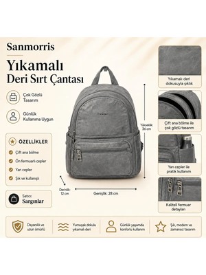 Sanmorris Yıkamalı Deri Dokulu Çok Gözlü Fermuarlı Kadın Seyahat ve Sırt Çantası