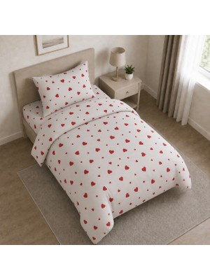 Freyja Home %100 Pamuk Tek Kişilik Lastikli Çarşaflı Nevresim Takımı | Kalpli