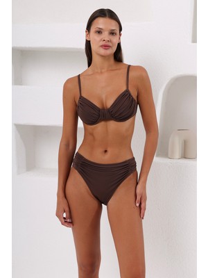 Lapieno Kadın Kahve Düz Renk Telli Kapsız Toparlayıcı Bikini Takımı